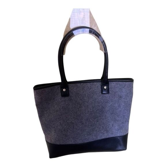 Tory Burch Wool Flannel Leather Trim Jaden Tote Shoulder Bag Black Gray Almost E - Picture 2 of 7